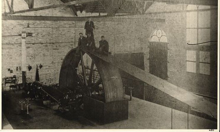 Inside the Bond Lake Powerhouse, circa 1900. The fly-wheel was approximately 18 feet in diameter. - Richmond Hill Public Library photo
