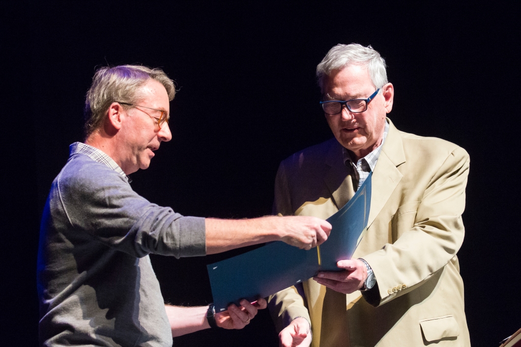 Richmond Hill Historical Society President Jim Vollmershausen (right) presents the 2023 Bert Hunt Heritage Award to David Hunt of the Archives Committee of St. Mary's Anglican Church on September 10, 2023. (photograph by Chris Robart)