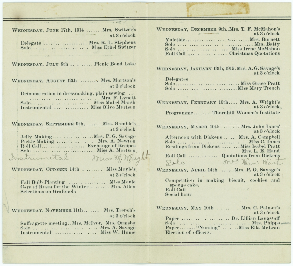 Richmond Hill Women's Institute Program for 1914-1915 (Richmond Hill Public Library, Tweedsmuir History Fonds, 075-01a)